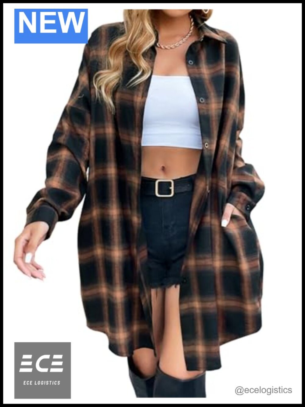 Plaid Button Down Flannel Shirt Long Sleeve Knee Length Midi Tunic Top